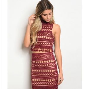B-Sharp Lace Wine Burgundy 2 piece Crop Top Skirt